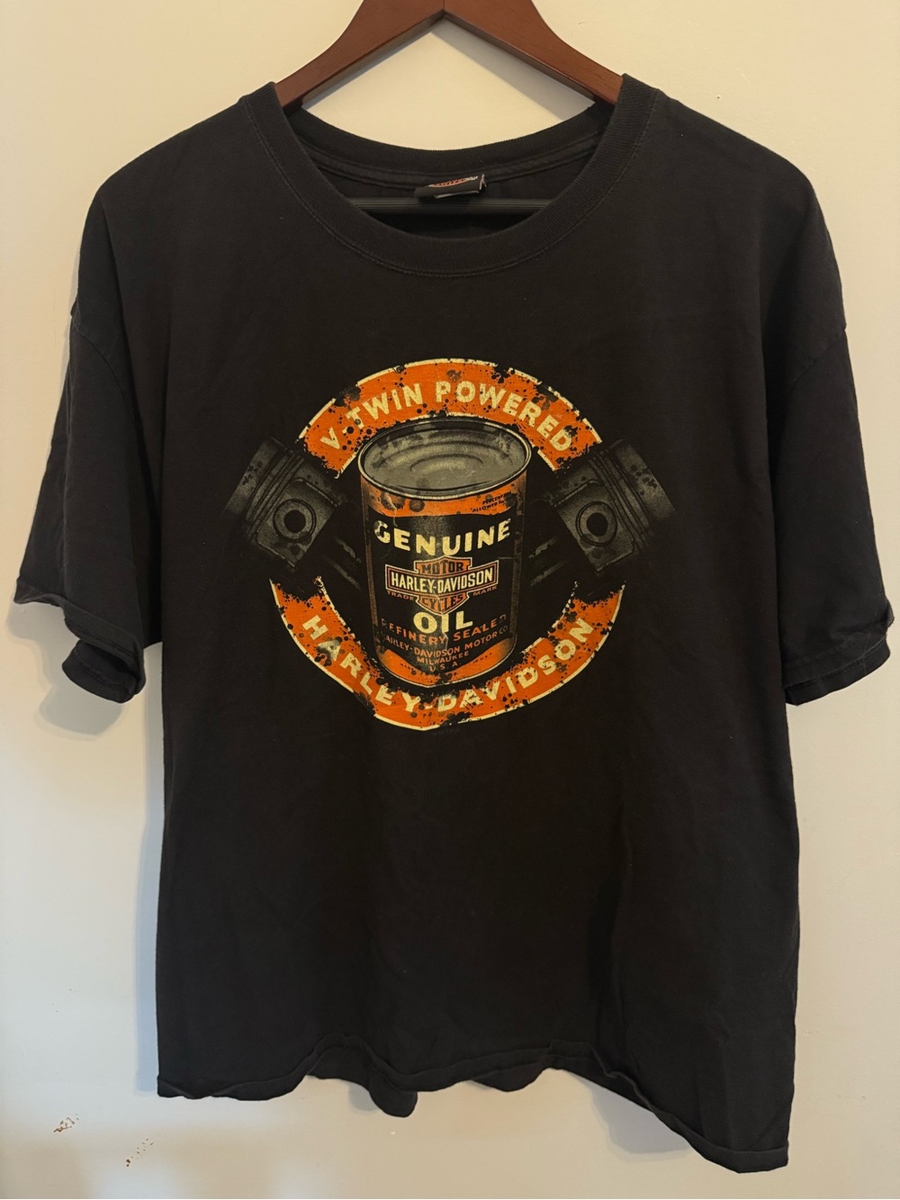 Harley-Davidson Black Tee with Orange & Cream Motor Oil Graphic